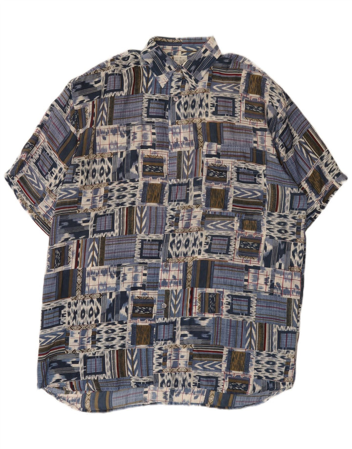 Vintage Herren Kurzarmhemd IT 48 Mittelblaue Patchwork-Seide