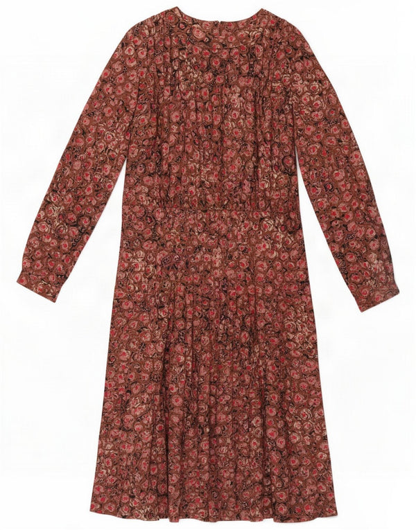 Vintage Womens Long Sleeve A-Line Dress UK 16 Large Brown Floral Polyester
