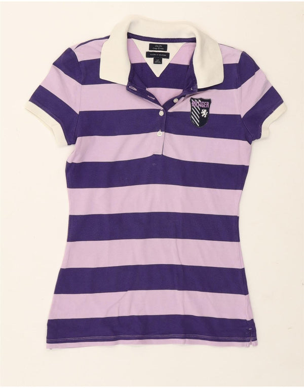 Tommy Hilfiger Womens Slim Fit Polo Shirt UK 10 Small Purple Striped Cotton