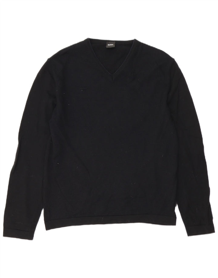 Hugo Boss Herren-Pullover mit V-Ausschnitt, mittelschwarze Schurwolle