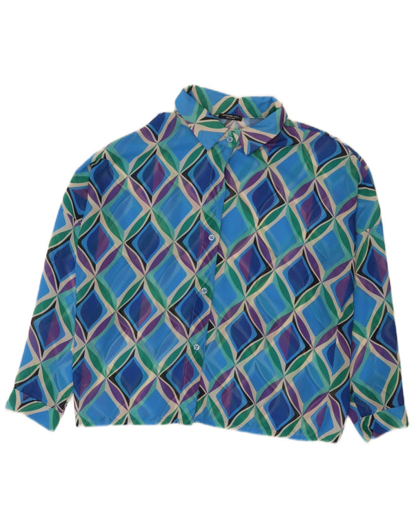 Vintage Damen 3/4-Ärmel-Hemdbluse UK 16 Großes blaues geometrisches Polyester