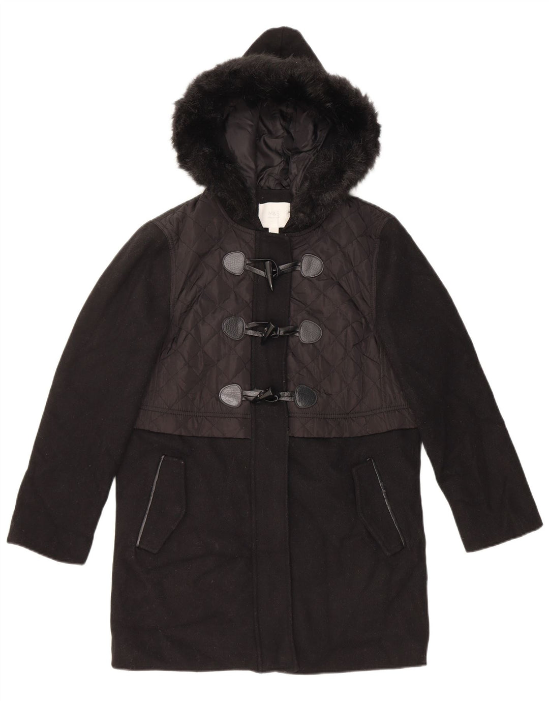 Marks & Spencer Damen-Dufflecoat mit Kapuze, UK 10, Größe S, schwarze Wolle