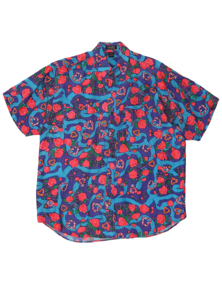 Van Zon Herren-Kurzarmhemd, groß, blaues Blumenmuster, Seide