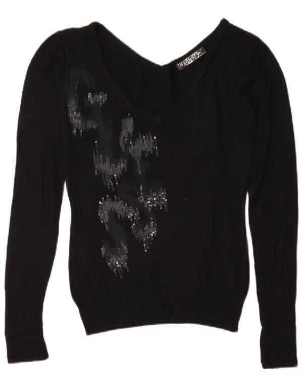 Guess Damen-Pullover mit grafischem V-Ausschnitt, Gr. 10, Größe S, schwarze Viskose
