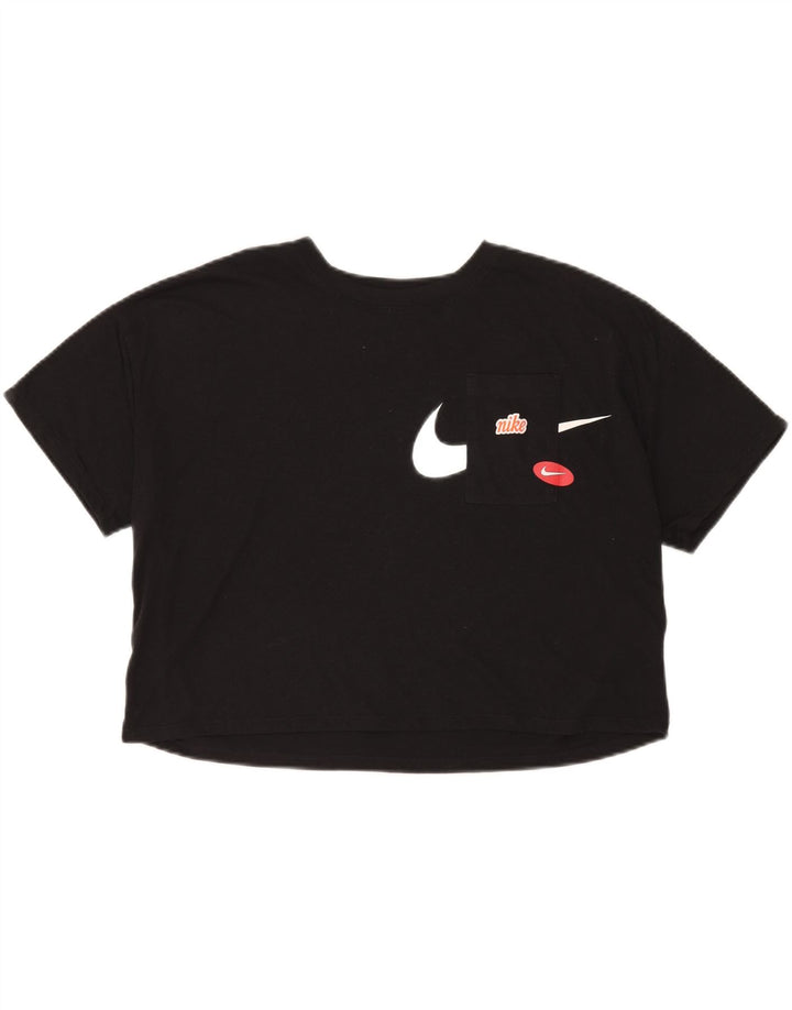 Nike Damen Dri Fit Crop Übergroßes Grafik-T-Shirt-Oberteil UK 14 Medium Schwarz