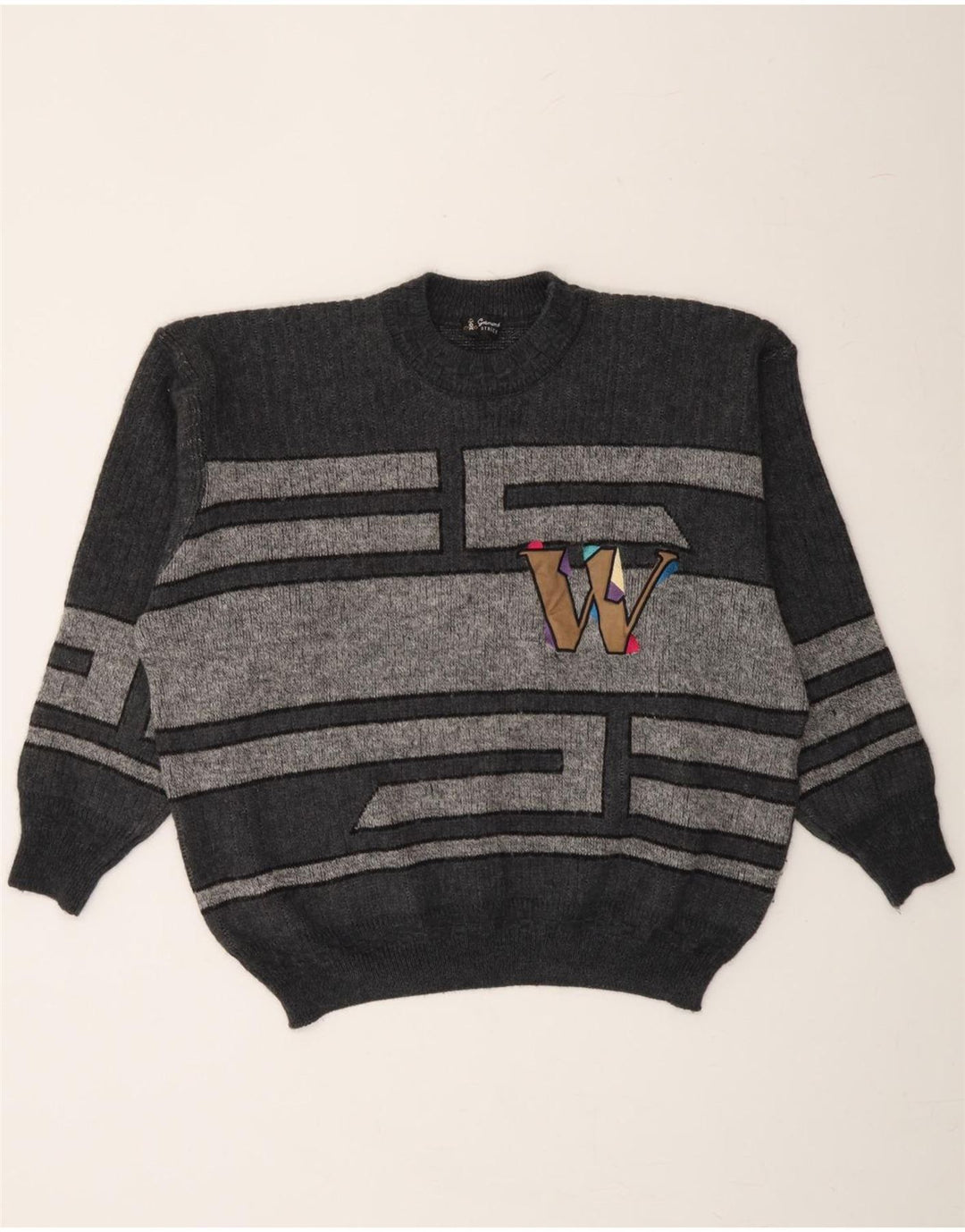 VINTAGE Mens Crew Neck Jumper Sweater Large Grey Colourblock Vintage Vintage and Second-Hand Vintage from Messina Hembry 