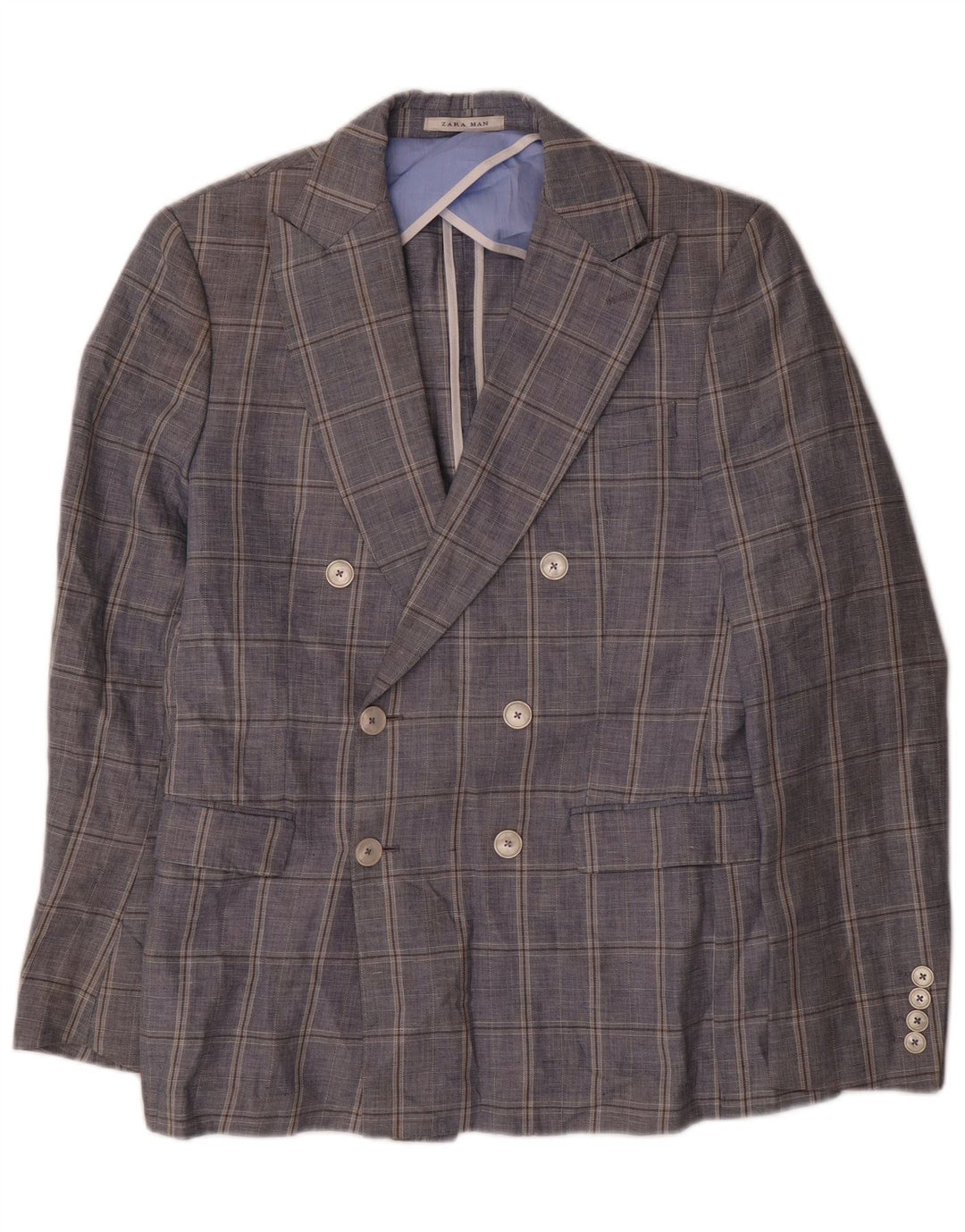 Zweireihiger Herren-Blazer von Zara, EU 48, mittelblau, kariert, Baumwolle