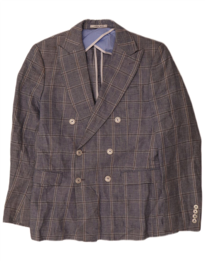 Zweireihiger Herren-Blazer von Zara, EU 48, mittelblau, kariert, Baumwolle