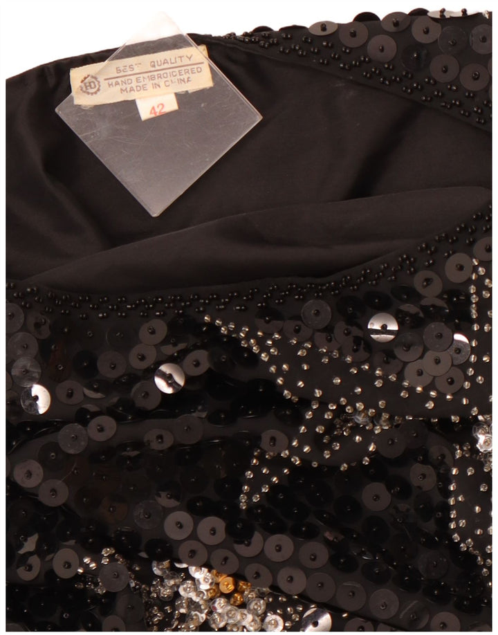 VINTAGE Damen Bluse mit abstraktem Muster, 3/4-Ärmel, EU 42, groß, Schwarz