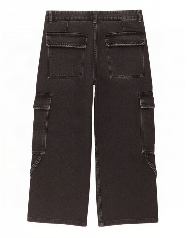 Zara Damen Crop Cargo Jeans mit weitem Bein EU 42 Large W32 L25 Schwarze Baumwolle