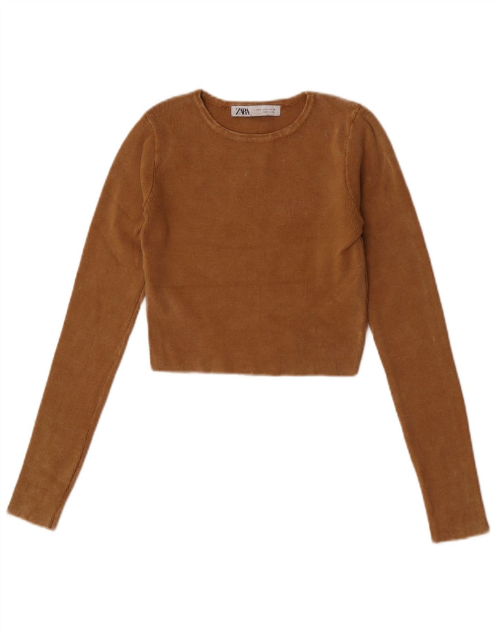 Zara Damen Crop Top Langarm UK 8 Small Beige Baumwolle