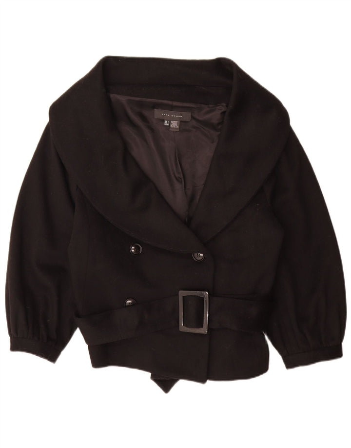 Zara Damen-Jacke mit 3/4-Ärmeln, zweireihig, UK-Gr. 16, Größe L, schwarze Wolle