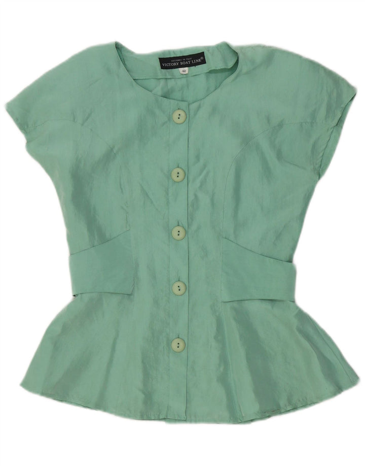 Vintage Damen Kurzarm-Hemdbluse IT 42 Mittelgrüne Seide