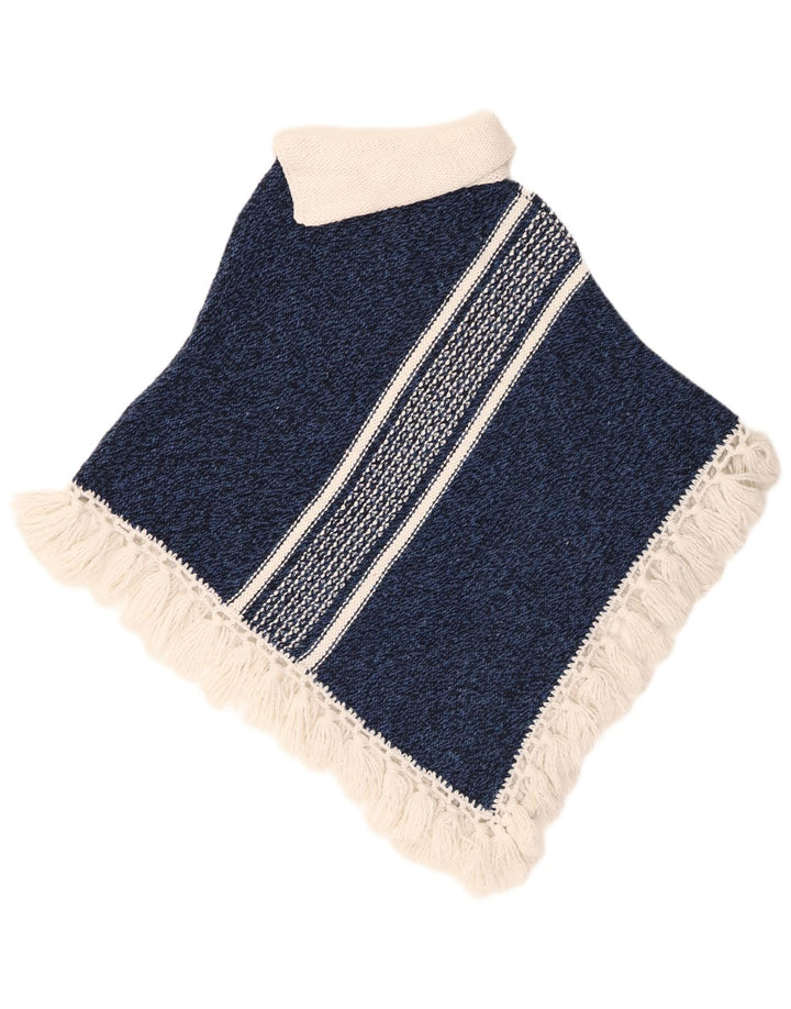 Vintage Damen Poncho Pullover One Size Blau gestreift Wolle