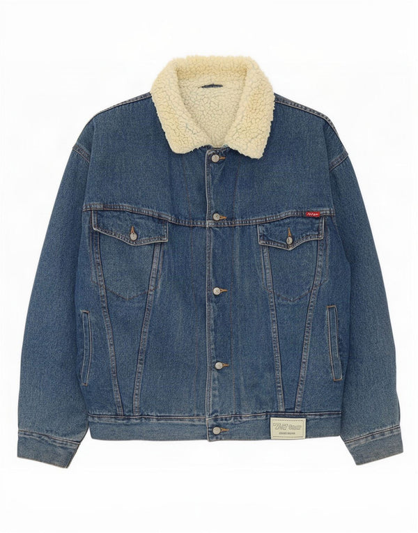 Vintage Herren Loose Fit Sherpa Jeansjacke UK 38 Mittelblaue Baumwolle
