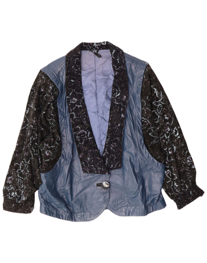 Vintage Damen Lederjacke UK 14 Groß Blau Floral Retro