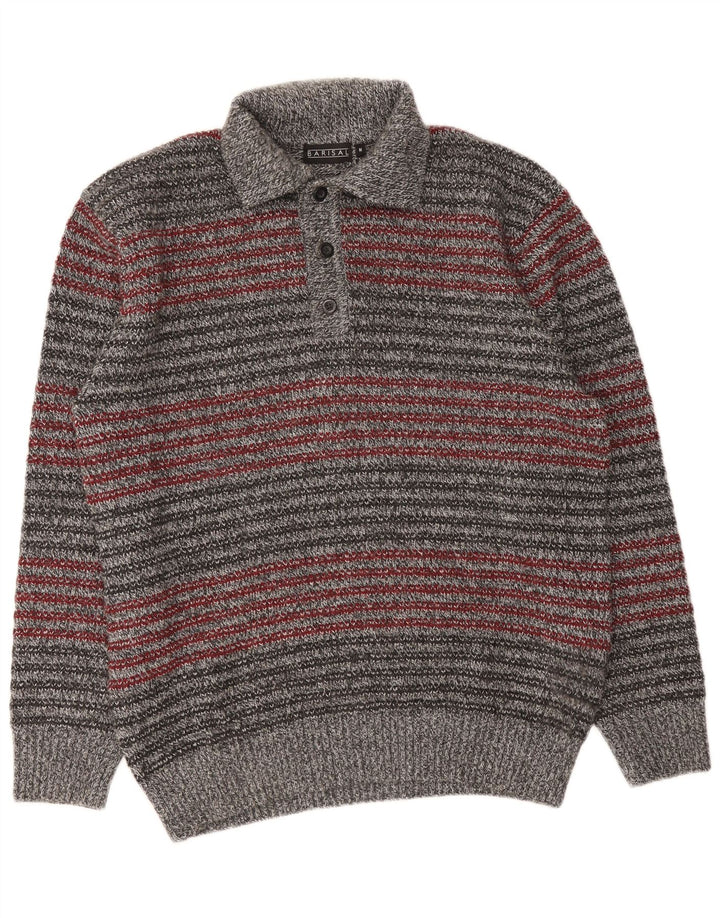 Barisal Herren-Pullover mit Rollkragen, mittelgrau, gestreift, Polyacryl