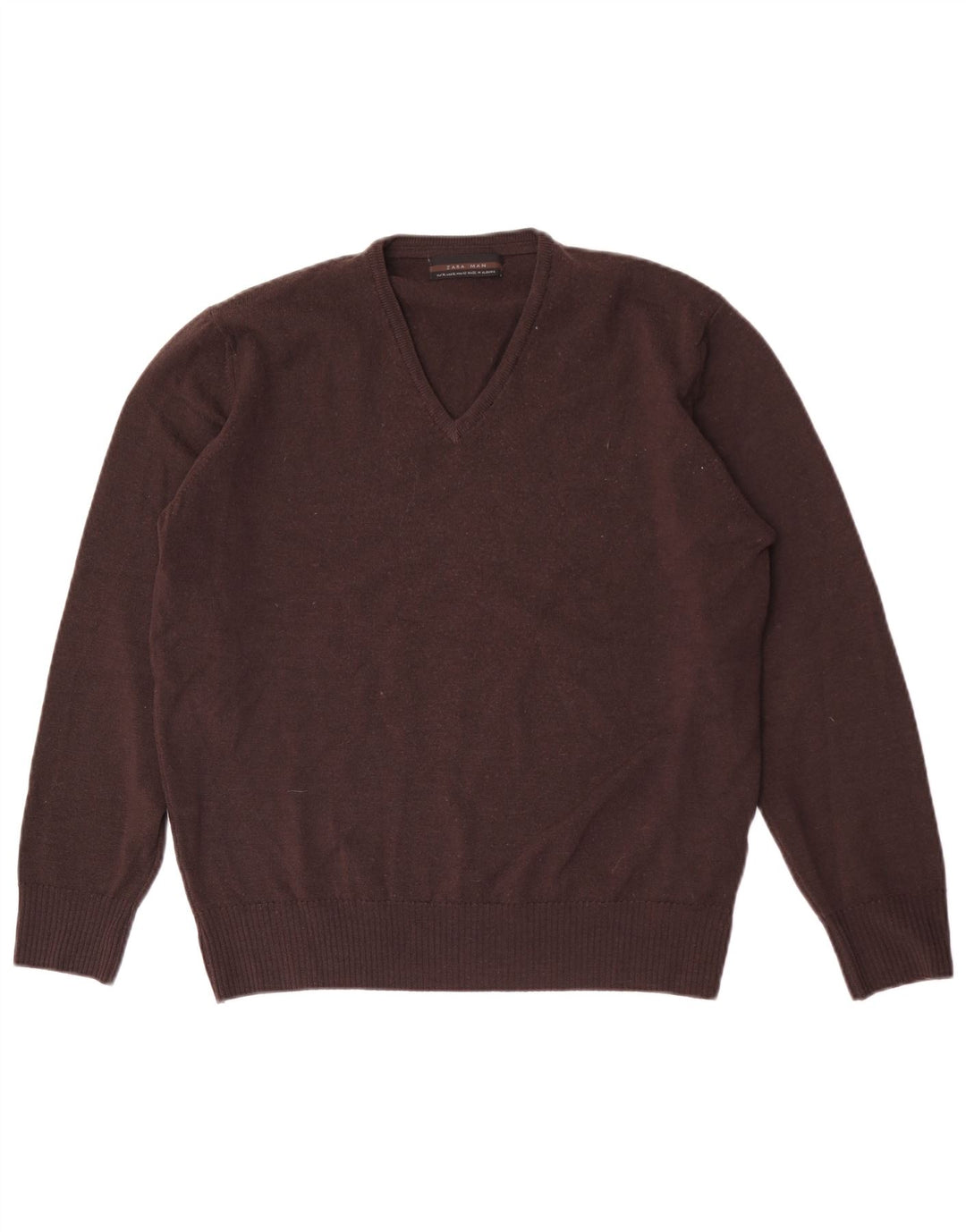 Zara Herren-Pullover mit V-Ausschnitt, XL, braune Wolle