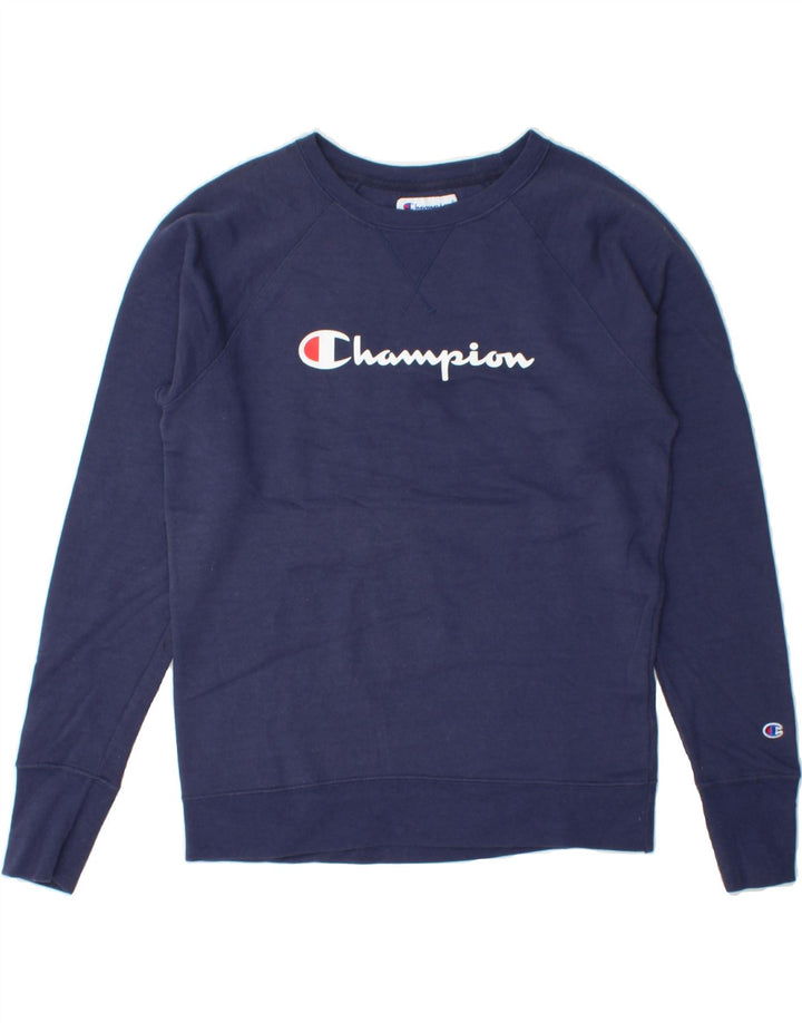 CHAMPION Womens Oversized Graphic Sweatshirt Jumper UK 10 Small Navy Blue Vintage Champion and Second-Hand Champion from Messina Hembry 
