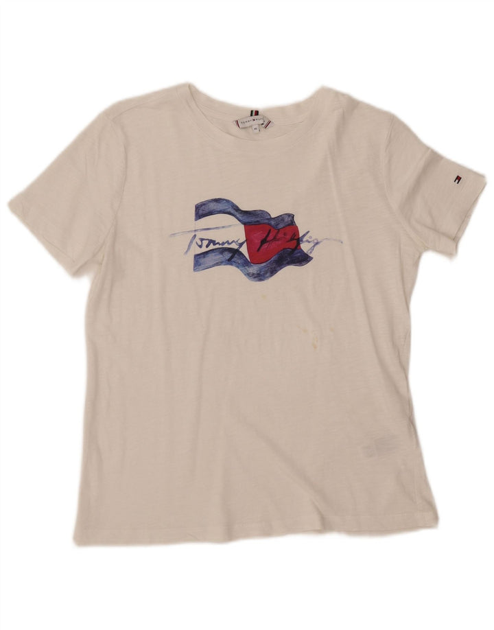 TOMMY HILFIGER Damen Grafik T-Shirt Top UK 6 XS Weiße Baumwolle