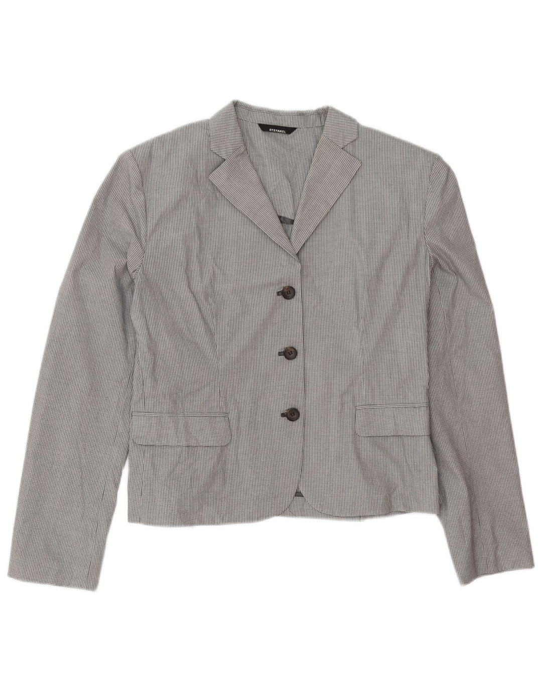 Stefanel Damen 3-Knopf-Blazerjacke IT 48 XL Grau karierte Baumwolle