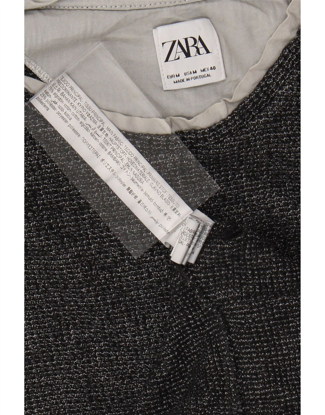 ZARA Damen Top Langarm UK 14 Mittelgrau gefleckte Baumwolle