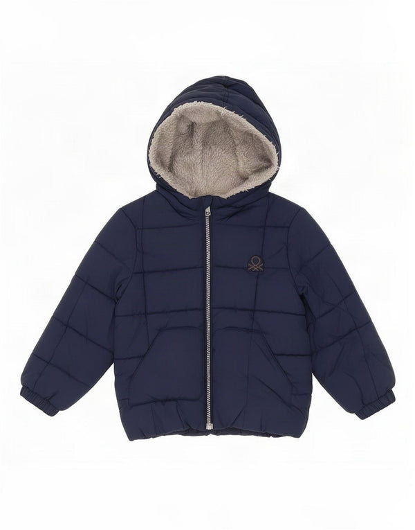 Benetton Wattierte Jungenjacke mit Kapuze, 2–3 Jahre, marineblaues Polyester