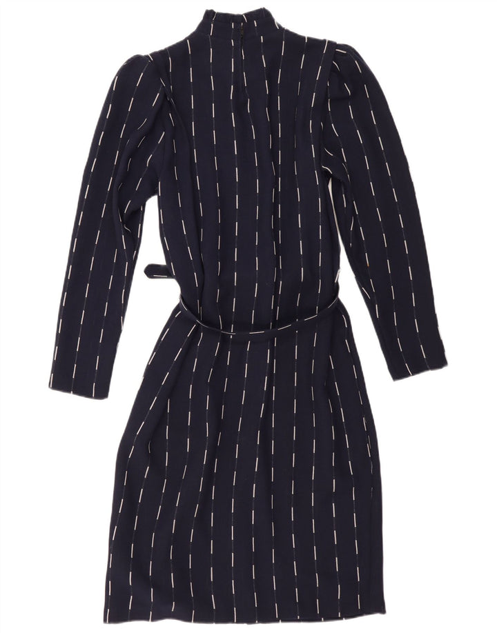 Vintage Damen Langarm Basic Kleid UK 12 Medium Marineblau gestreift