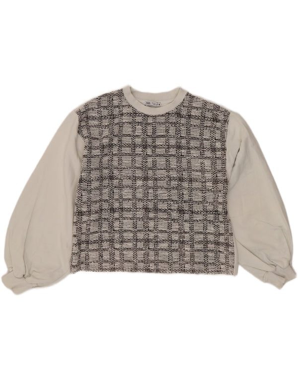 Zara Damen Crop Oversized Sweatshirt Pullover UK 10 Small Weiß Kariert Baumwolle