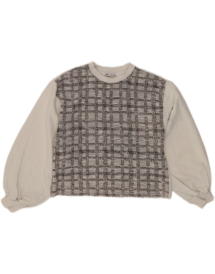 Zara Damen Crop Oversized Sweatshirt Pullover UK 10 Small Weiß Kariert Baumwolle