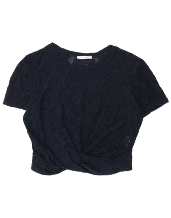 Zara Damen Crop Lace Bluse Top UK 14 Large Marineblau Blumenmuster Polyester
