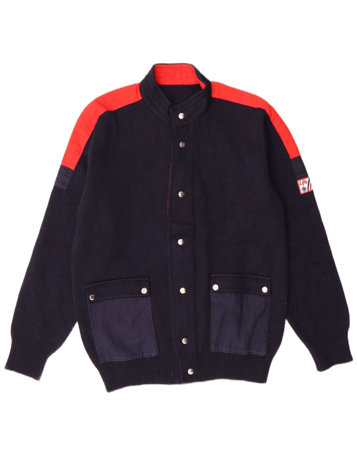 Vintage Herren Cardigan Pullover IT 50 Medium Navy Blue Colourblock Wolle