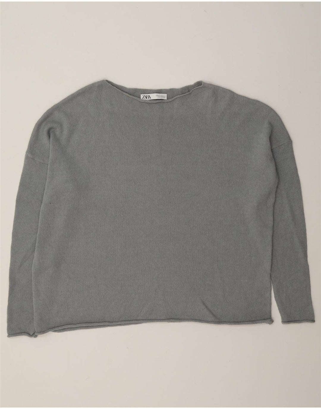 Zara Damen Übergroßer Pullover mit U-Boot-Ausschnitt, UK 14, mittelgraue Baumwolle