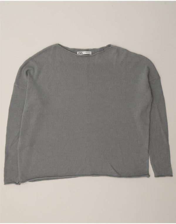 Zara Damen Übergroßer Pullover mit U-Boot-Ausschnitt, UK 14, mittelgraue Baumwolle