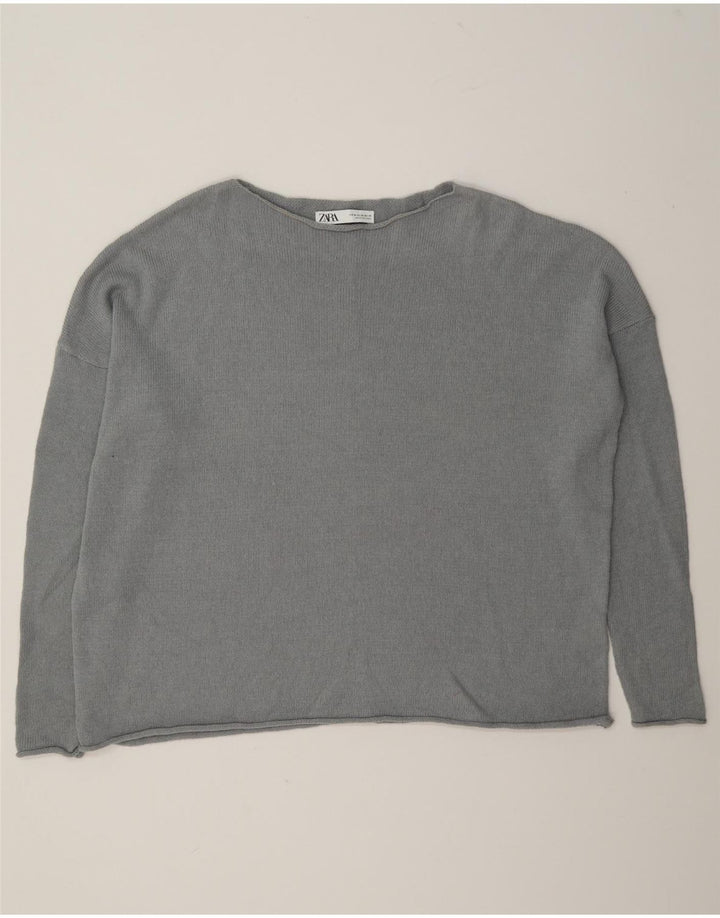 Zara Damen Übergroßer Pullover mit U-Boot-Ausschnitt, UK 14, mittelgraue Baumwolle