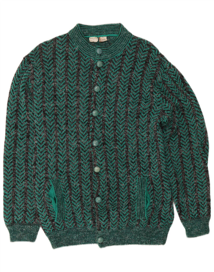 Vintage Herren-Strickjacke mit normaler Passform, Mittelgrünes Chevron-Acryl