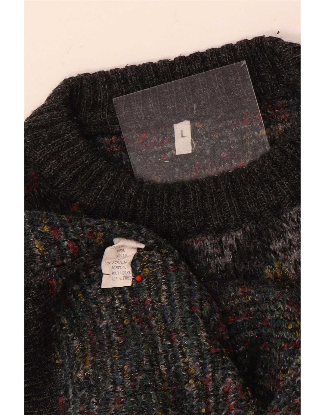 Vintage Herren-Pullover mit Rundhalsausschnitt, groß, graue Argyle-/Diamantwolle