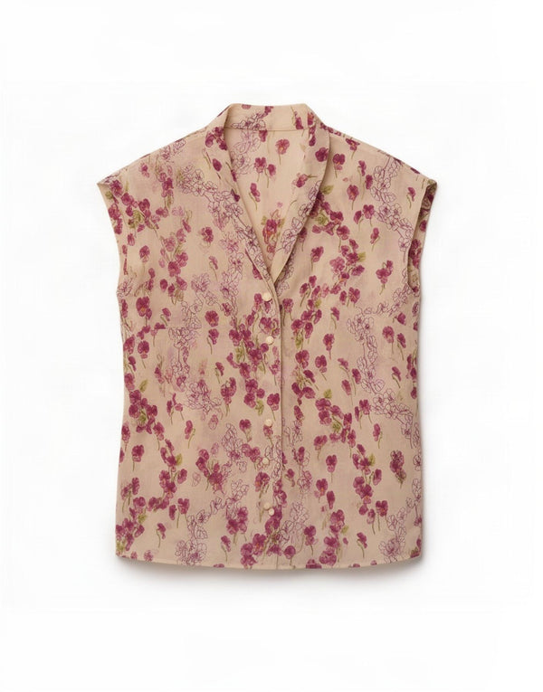 Vintage Womens Sleeveless Shirt Blouse UK 12 Medium Off White Floral