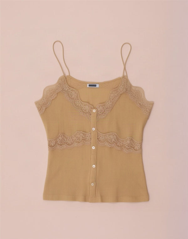 Zara Damen Crop Cami Top UK 8 Small Beige Floral Cotton