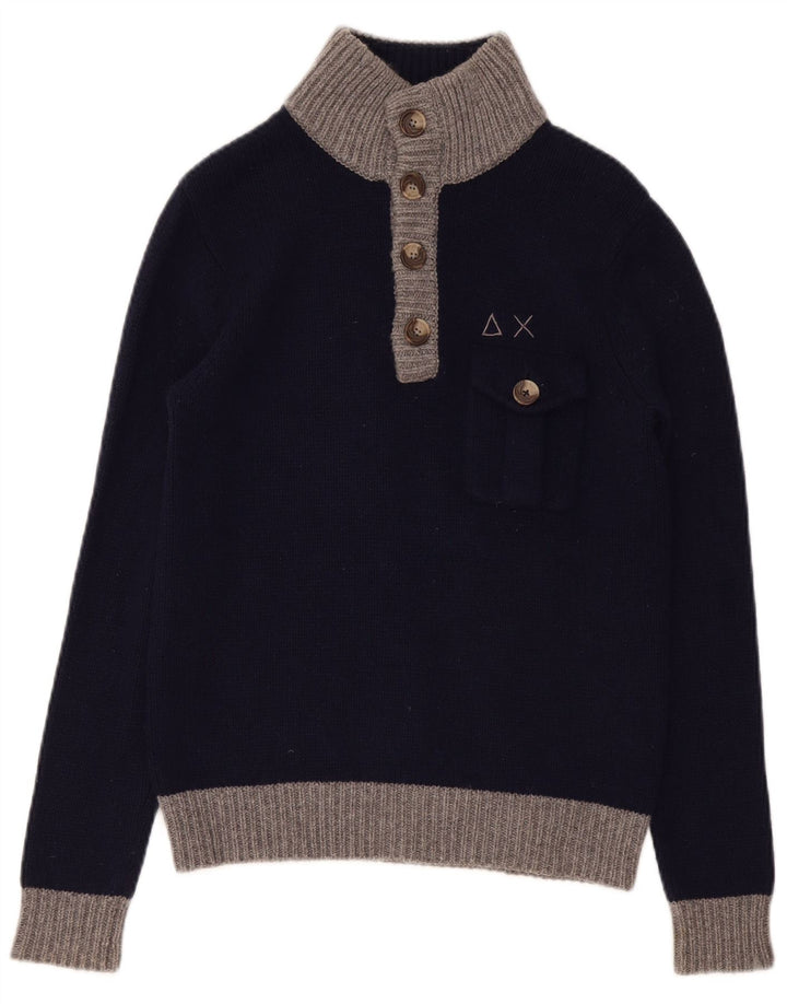 Sun68 Herren-Pullover mit normaler Passform, Knopfkragen, Größe S, marineblaue Wolle
