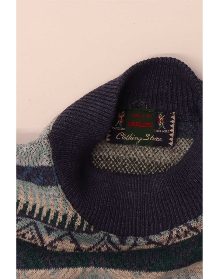 Vintage Herren Rollkragenpullover Pullover XL Marineblau Geometrisch