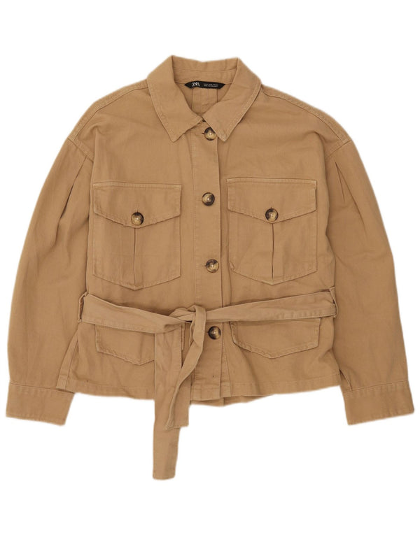 Zara Damen 3/4-Ärmel übergroße Utility-Jacke UK 10 Small Beige Baumwolle