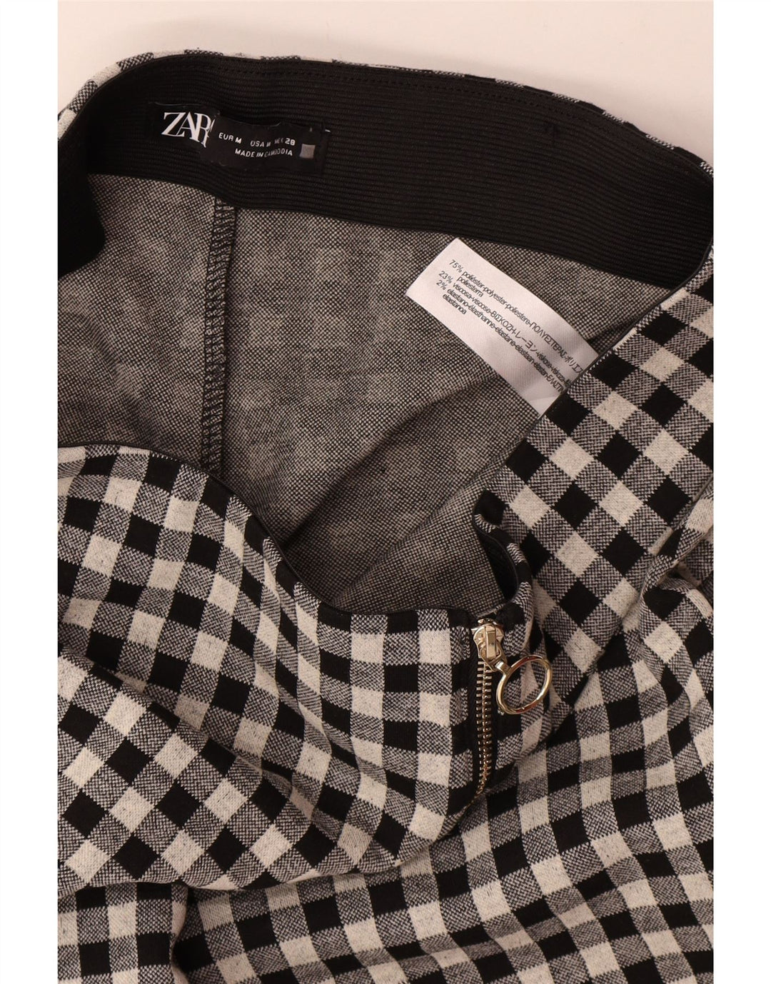 Zara Skinny-Freizeithose für Damen, Größe M, W28, L29, schwarzes Gingham-Polyester