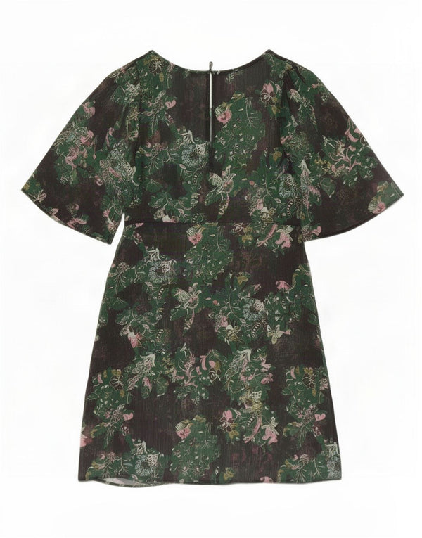 Zara Damen 3/4-Ärmel Durchsichtiges A-Linien-Kleid UK 6 XS Grün geblümt