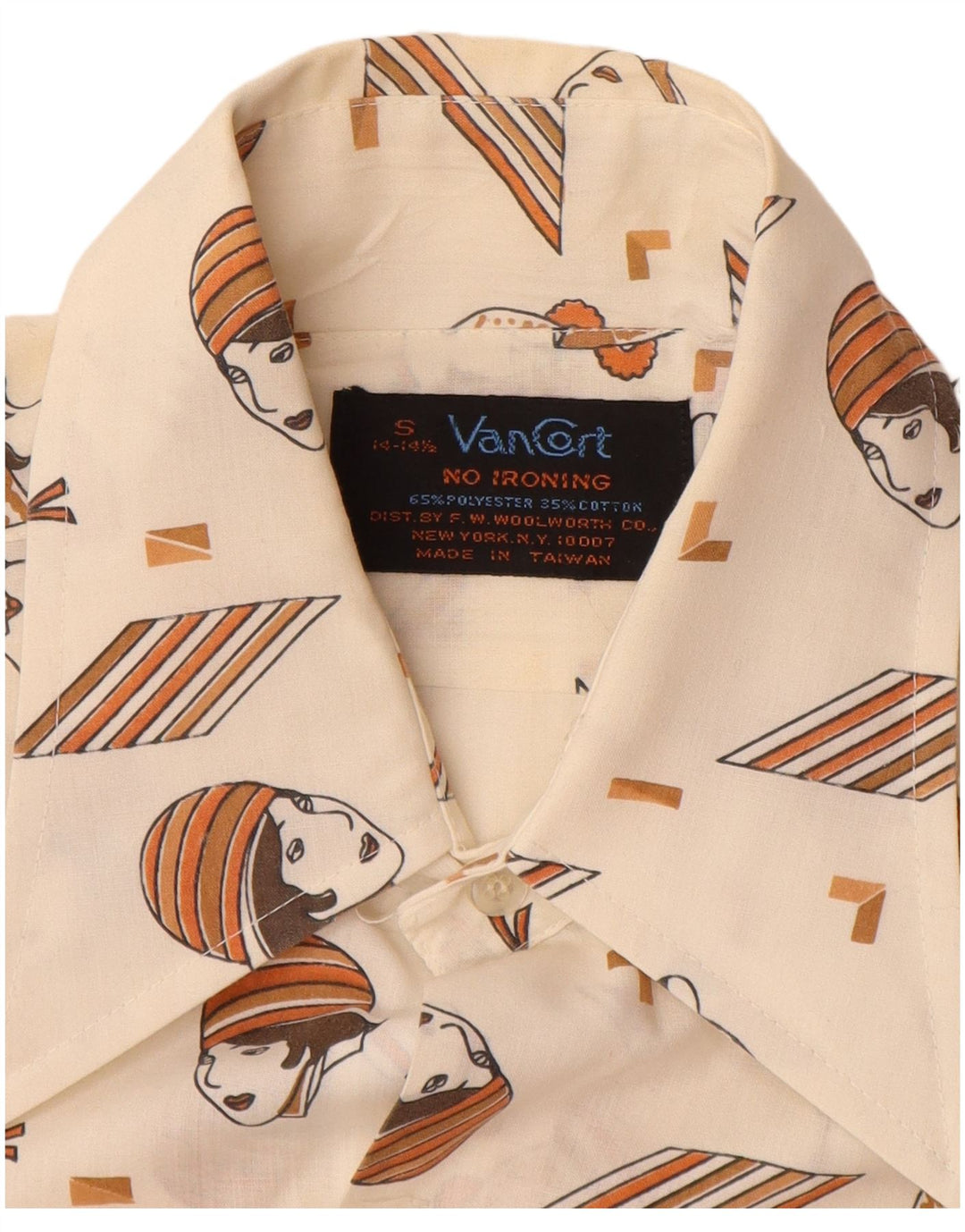 VINTAGE Herren Hemd mit abstraktem Muster, Größe 14 14 1/2 Small Off White