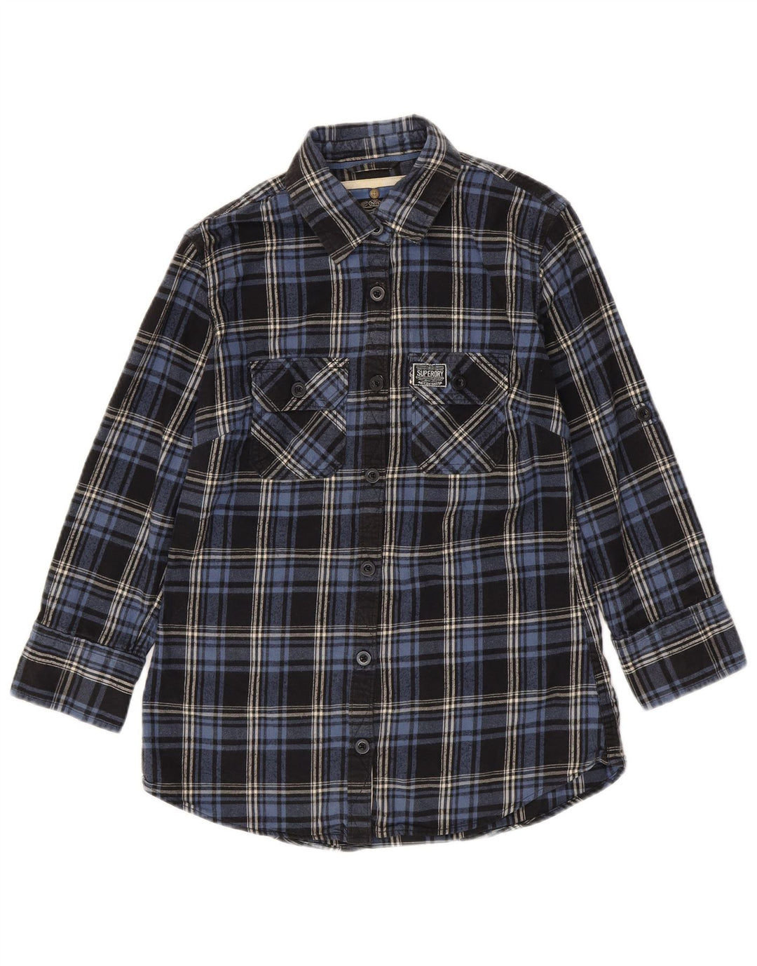SUPERDRY Damen-Flanellhemd mit 3/4-Ärmeln, Größe M, Marineblau kariert