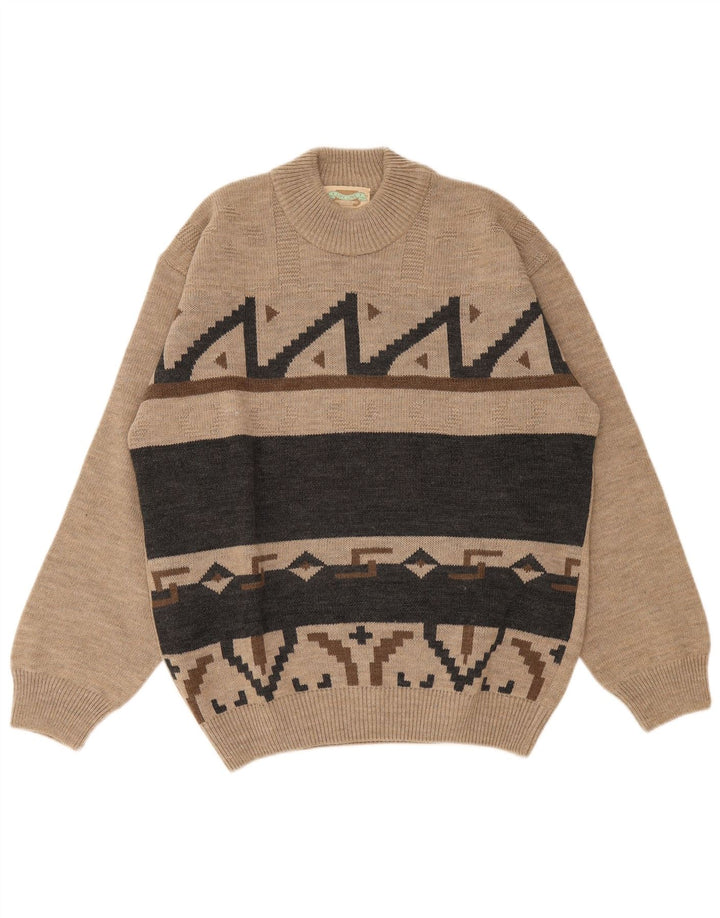 Life Line Herren-Pullover mit Rundhalsausschnitt, IT 50, mittelbeige, geometrische Wolle