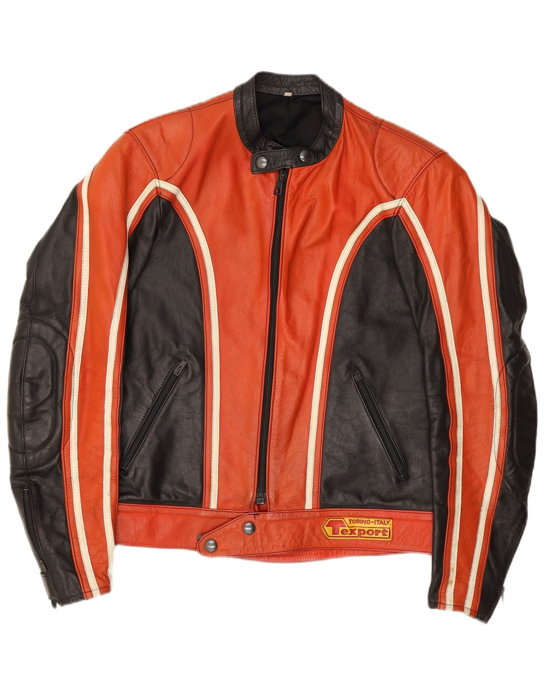 Vintage Damen Leder-Racer-Jacke IT 52 2XL Roter Farbblock