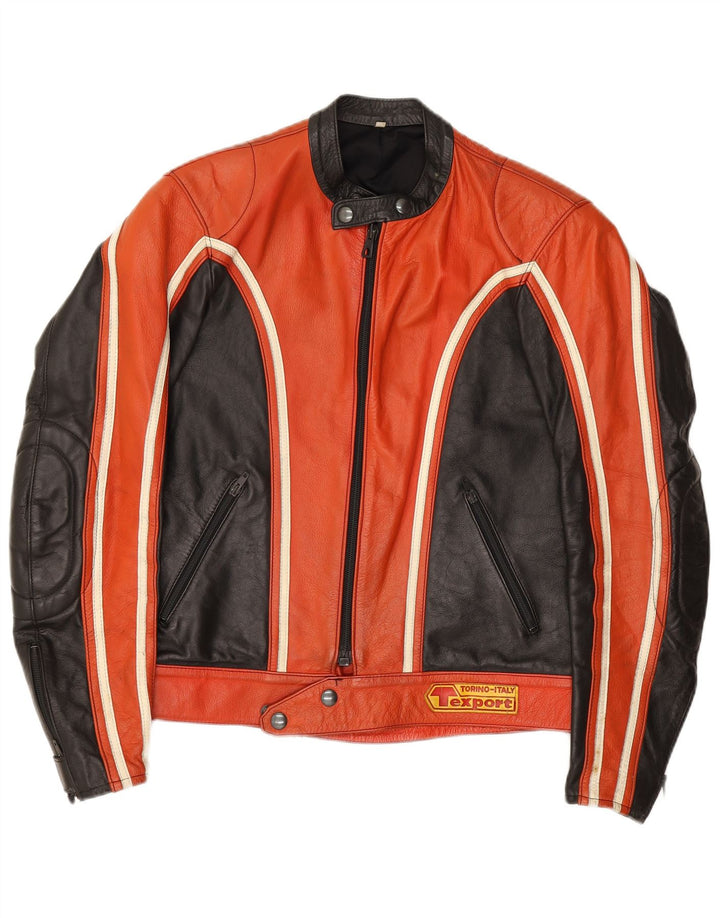 Vintage Damen Leder-Racer-Jacke IT 52 2XL Roter Farbblock