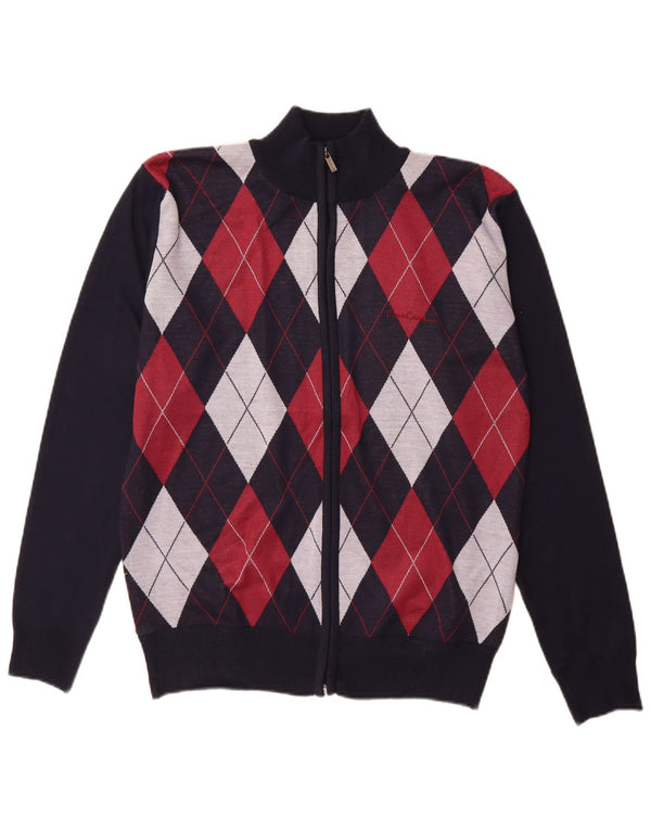Pierre Cardin Mens Cardigan Sweater Small Navy Blue Argyle/Diamond